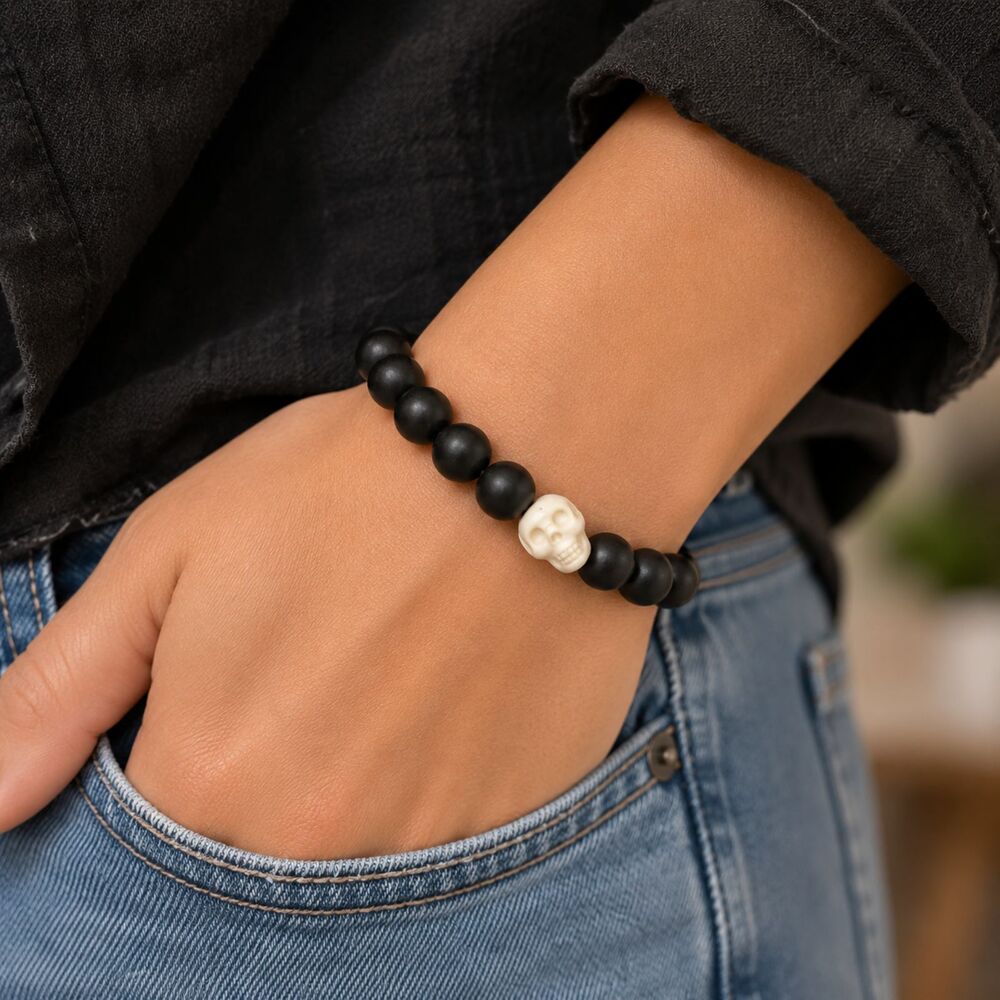 Handmade Black Wood Bead Stretch Bracelet Ivory Skull Gothic Boho NWT